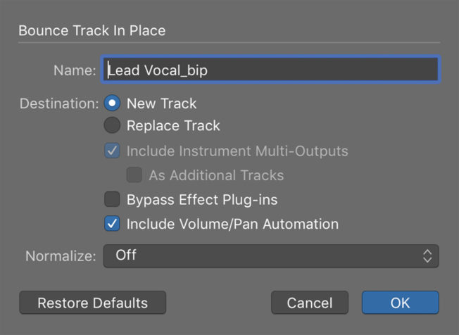 Logic Pro X Bounce Track in Place